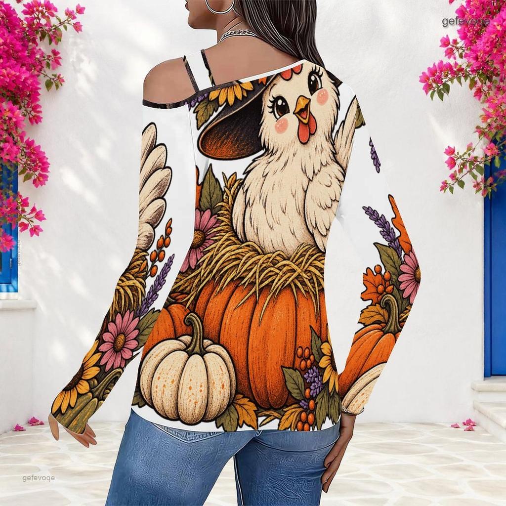 Women Plus Size Asymmetric Cutout Neck Cold Shoulder Long Sleeve Halloween Ghost Pumpkin Printed White Top