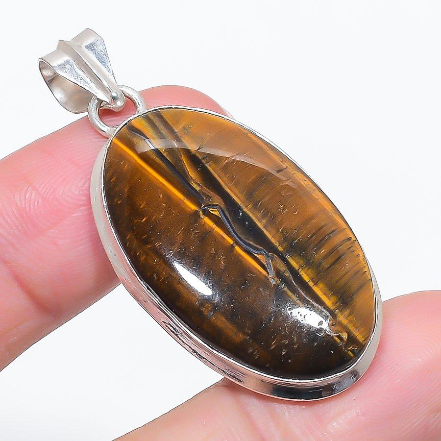 Natural Tiger Eye Gemstone 925 Sterling Silver Jewelry Pendant 2.01" q1v80