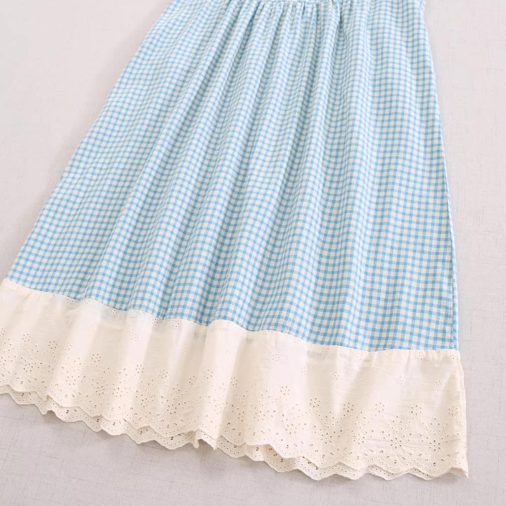 Sweet Mori Girl Plaid Embroidered Lace Sleeveless Vest Dress with Front and Back Ties
