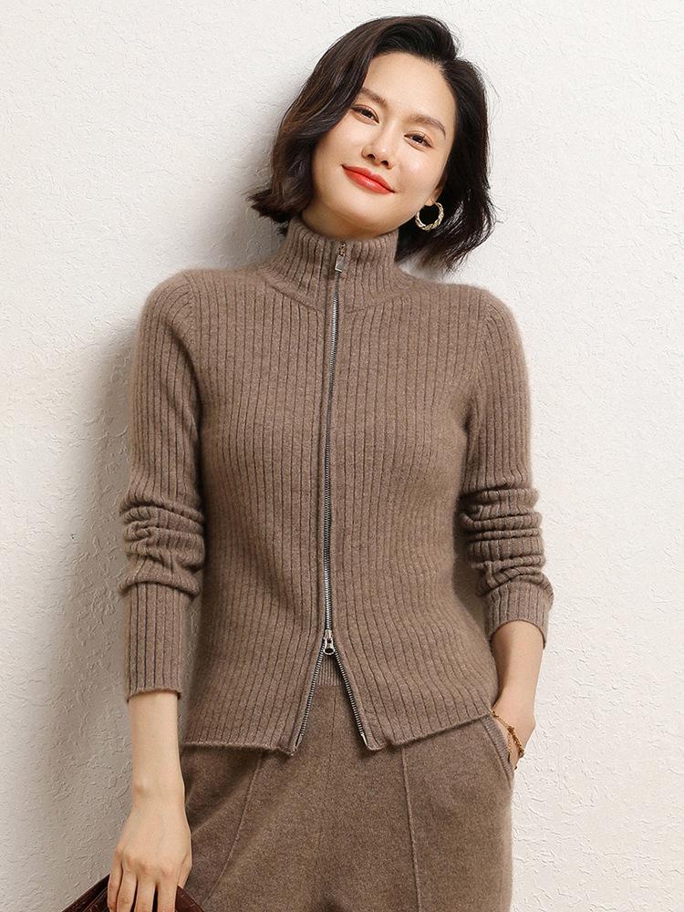 Women's Korean Style Cashmere Stand Collar Zipper Cardigan - Striped Slimming Knitwear for Autumn Winter