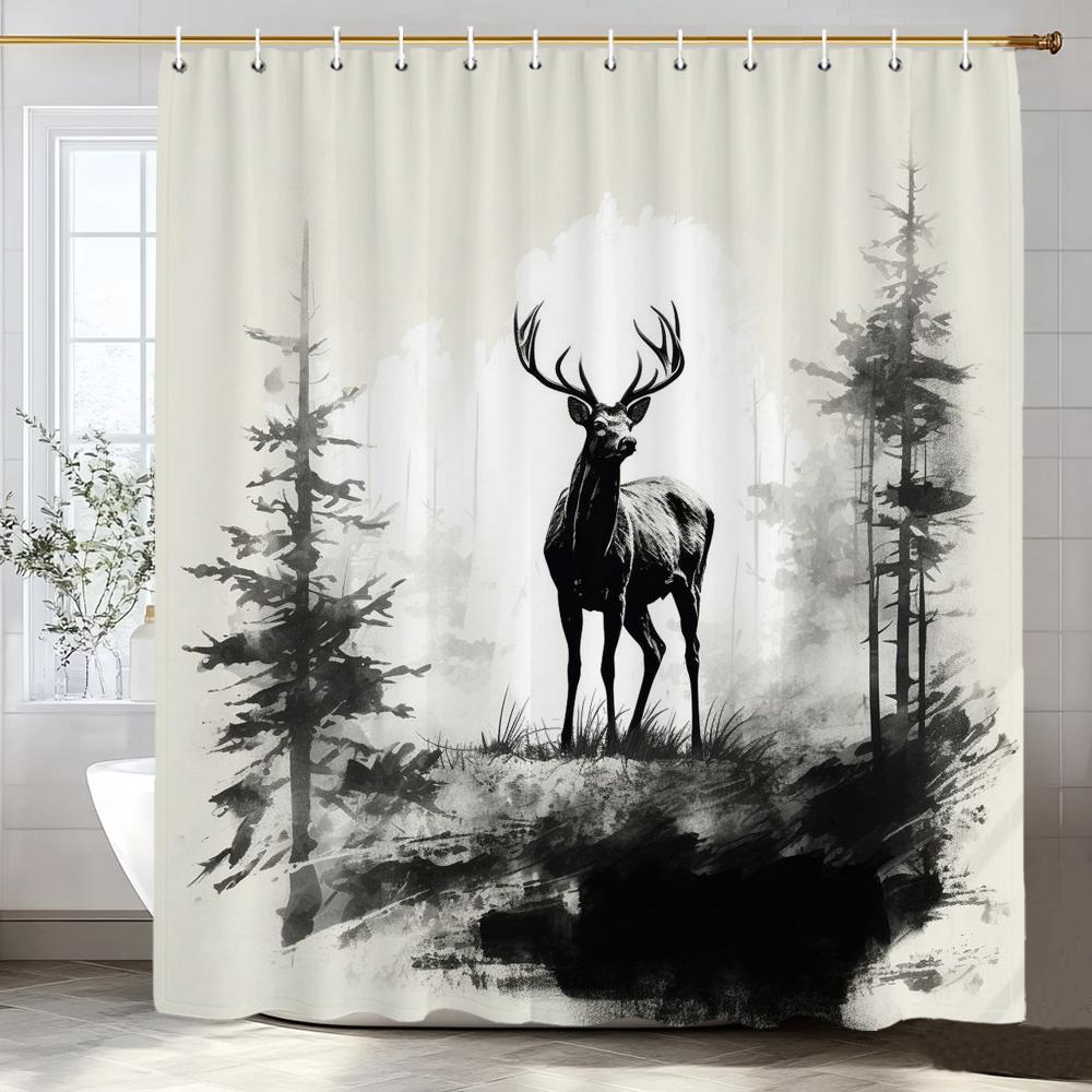 1 Piece Black Line Forest and Deer Shower Curtain, Bathroom Decorative Shower Curtain, Waterproof Shower Curtain with Hooks