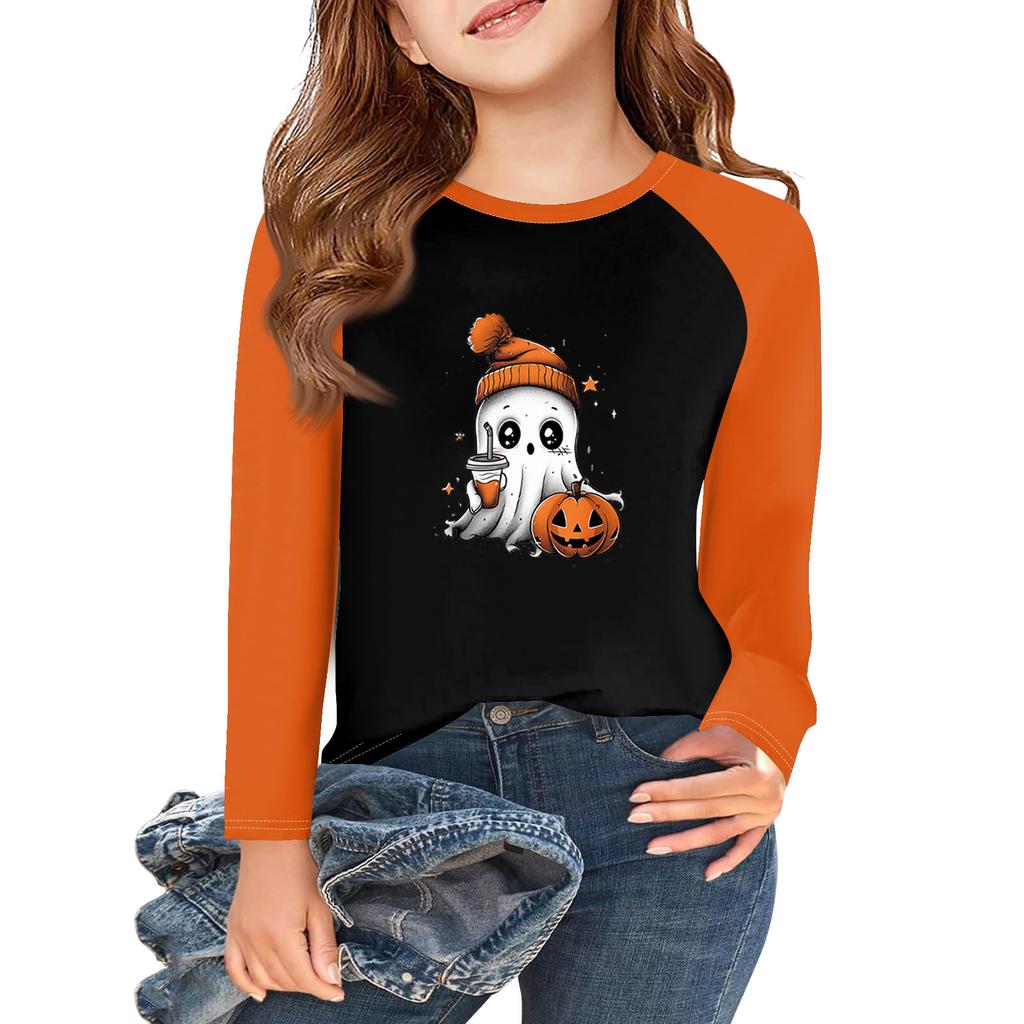 Dívčí trička s dlouhým rukávem na Halloween Dětské podzimní topy Kulatý výstřih Základní trička 5-14 let