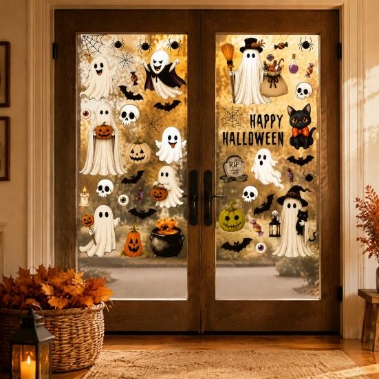 PVC Wall Sticker 6 Sheets Halloween Window Clings, Spooky Ghost Pumpkin Bat Clear Pattern Decal Sticker, Reusable Static Glass Decals for Holiday