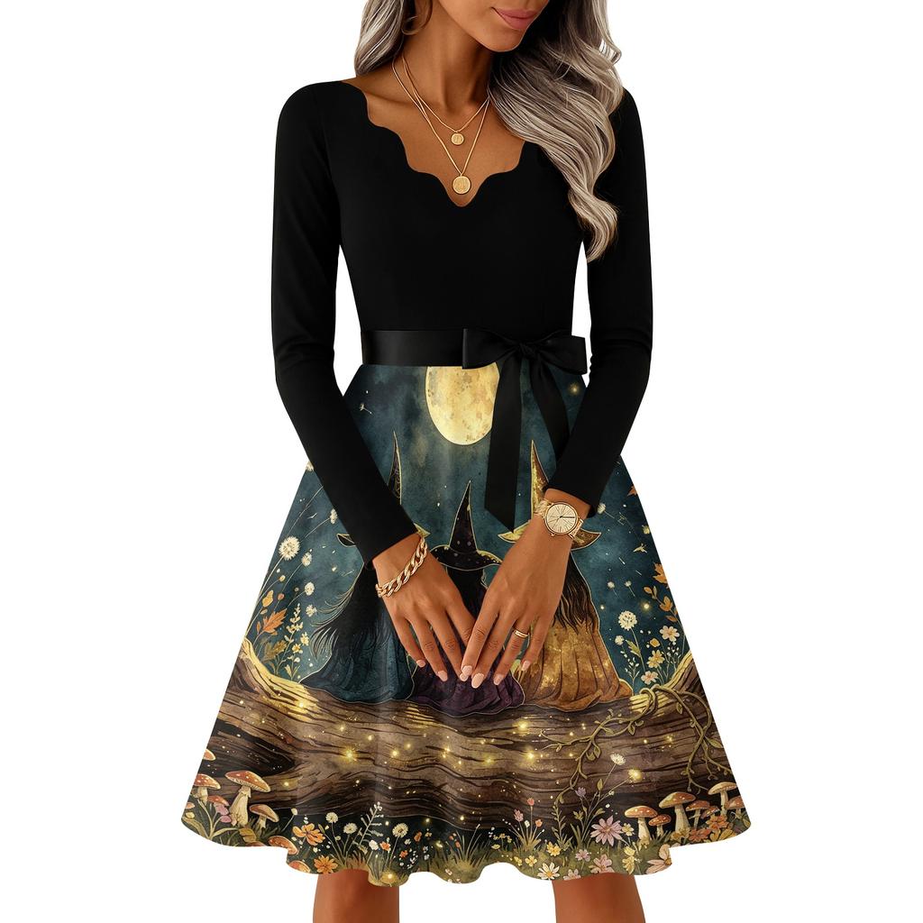 Women's V-Neck Long Sleeve Vintage Halloween Print Dress for Casual Everyday Wear
