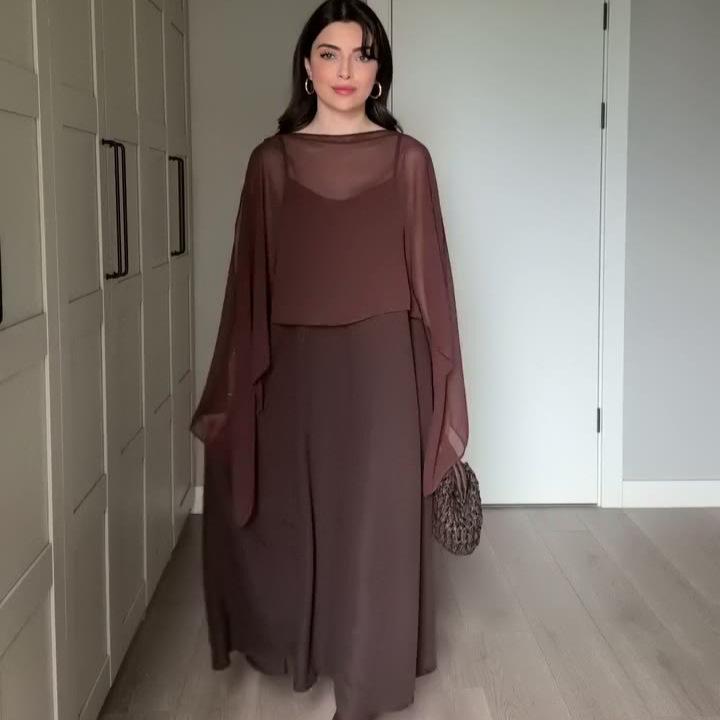 spring and autumn new European and American women's clothing loose meat covering tulle cape chiffon shawl suspender skirt set