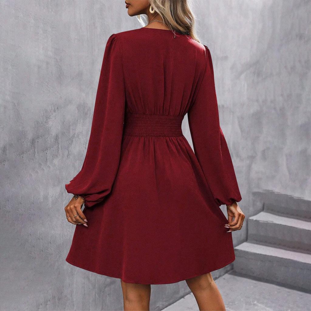 Dámské módní jednobarevné plisované univerzální šaty s dlouhým rukávem a výstřihem do V