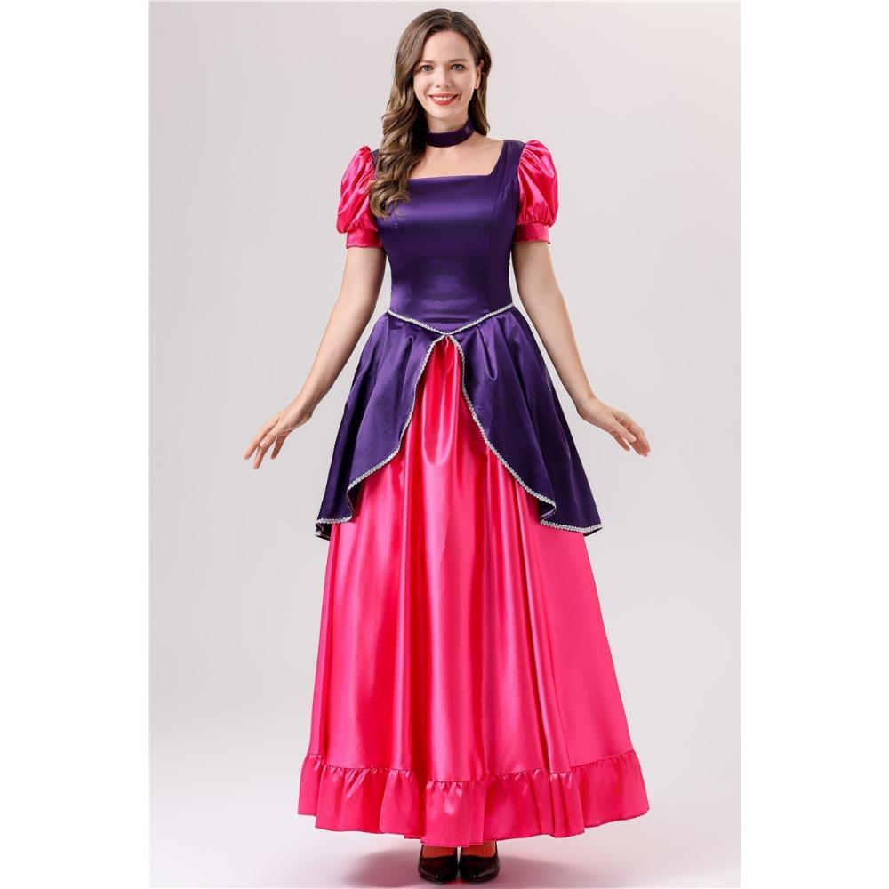 Women Princess Costume Puff Sleeve Square Neck Long Dress with Bow Headband for Halloween Party Cosplay