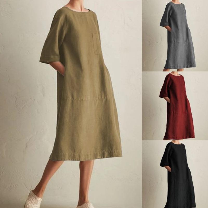 

Large Size Women s Casual Round Neck Mid Sleeved Cotton and Linen Pocket Dress S хакі