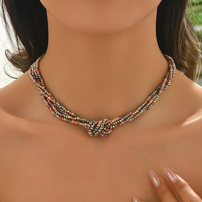 Women Bohemian Multilayer Color Crystal Clavicle Short Necklace