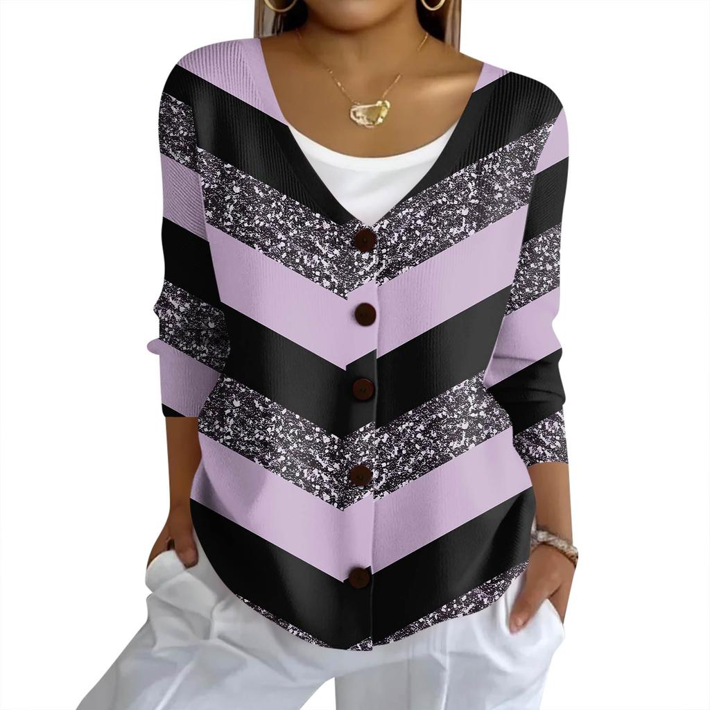 Women's Fashion Casual Knit Sweater Button-Up Plaid Patchwork Print Cardigan Jacket