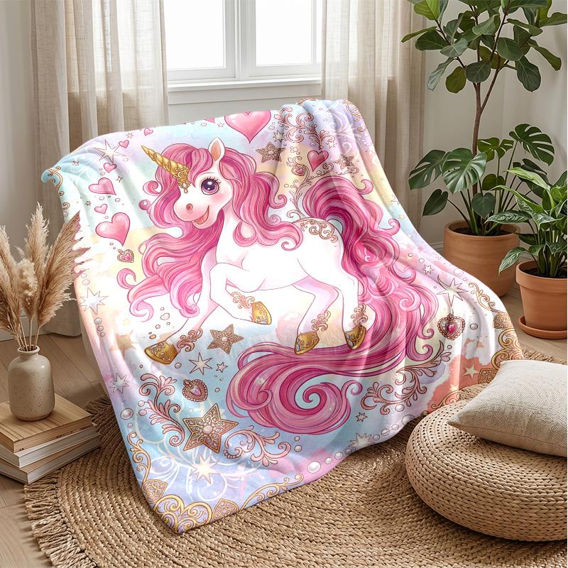 Pink Mane Unicorn in Magical Sky Theme blanket Lightweight Warm Flannel Blanket Decorative Throw Blanket for Home Decoration