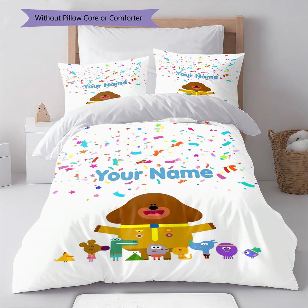 Hey Duggee Custom Name Pattern Bedding,Quilt Set Quilt Cover Pillowcase Home Birthday Gift(1 * duvet cover + 2 * pillowcase, without core)
