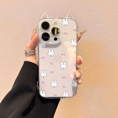Little Rabbit Bowknot Transparent Phone Case with Cat Ears for Apple 13-17 Pro Max, Precise Hole for 15-16