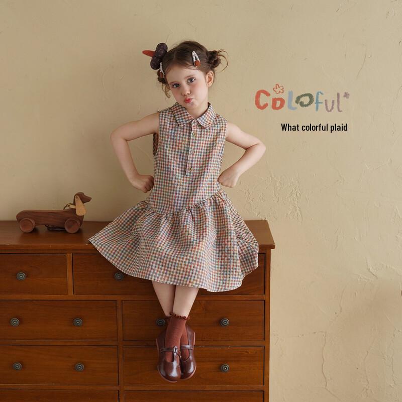 Girl's Summer Linen Plaid Sleeveless Dress