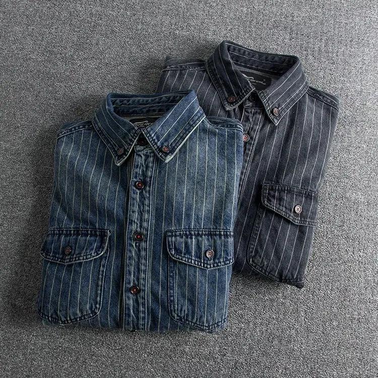 Autumn Custom Striped Denim Shirt Men's Work American Retro Trend