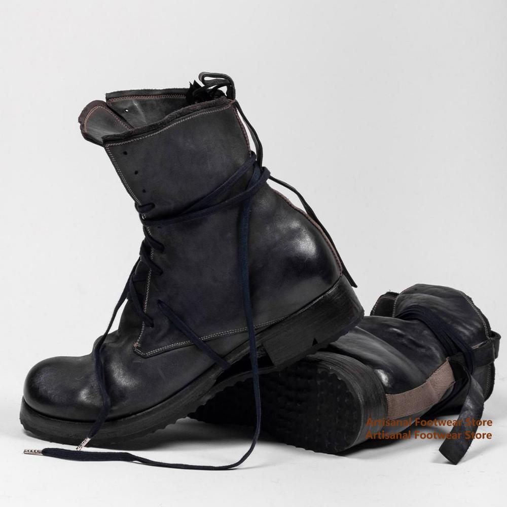Μποτάκια Ανδρικά Ψηλά με Λουράκια Μαύρο Δέρμα Δέσιμο με Κορδόνια Μποτάκια Μοτοσικλέτας Χοντρά Τακούνια Αυξητικού Ύψους Ανδρικά Παπούτσια Μοντέρνα Μποτάκια