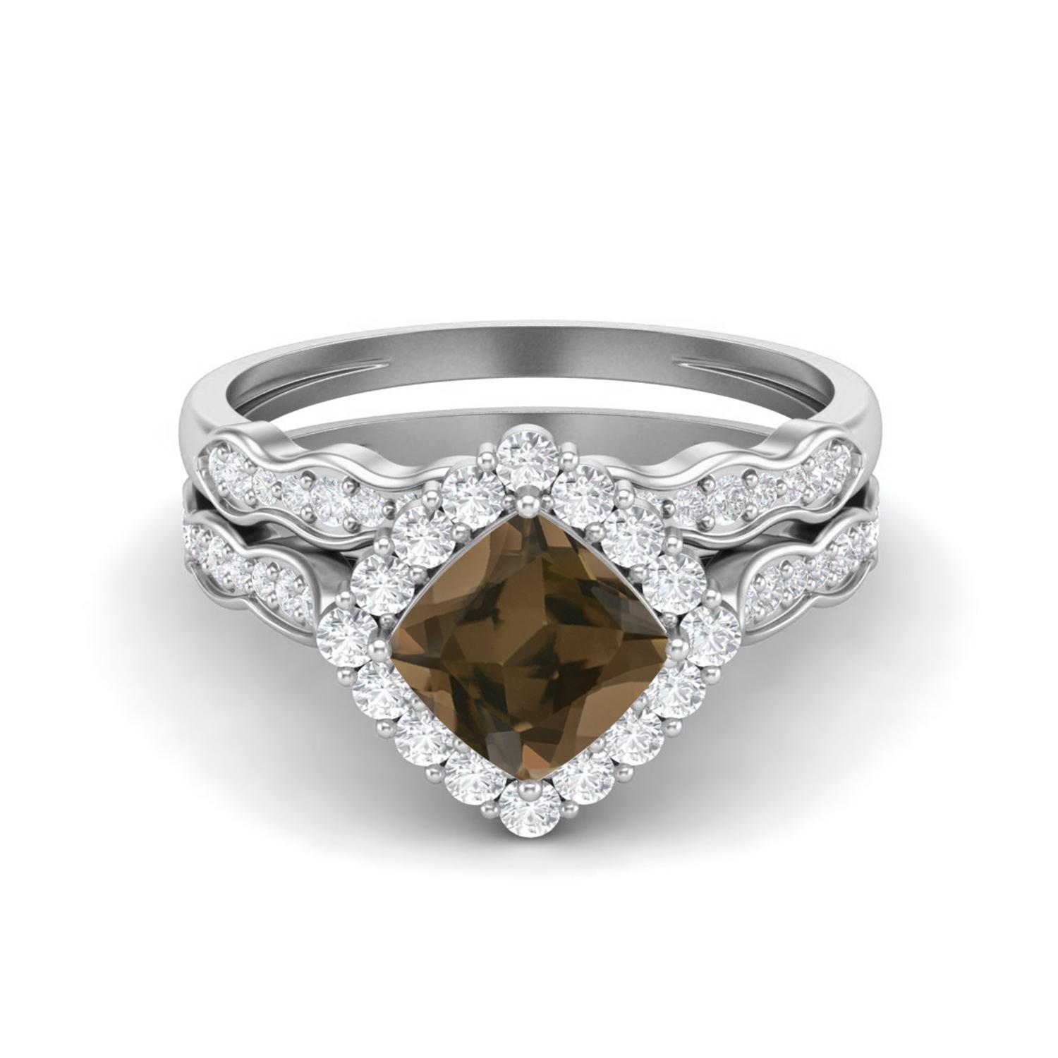 

6mm Cushion Smoky Quartz 925 Sterling Silver Dual Shank Halo Accents Women Wedding Ring 8 білий