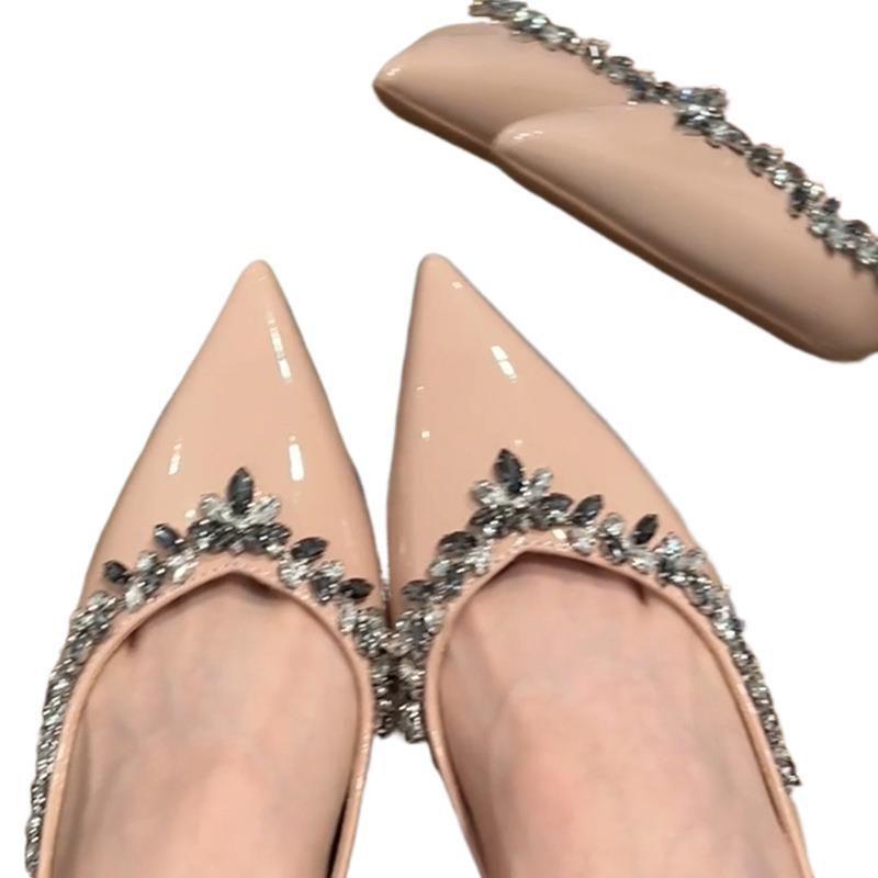 Autumn/Winter 2025 Black Patent Leather Pointed-Toe Rhinestone Stiletto Heels for Bridesmaids and Socialites
