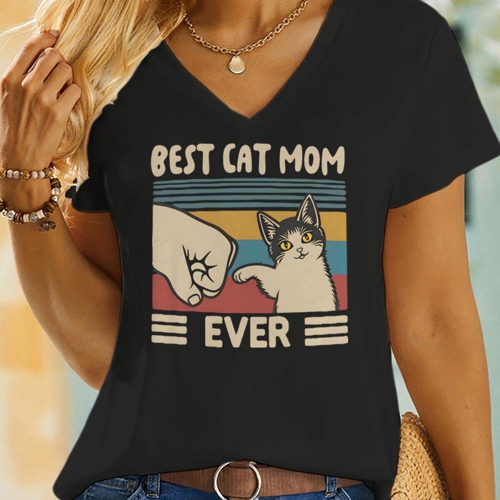 

The Best Cat Mom Ever Graphic T-shirt Cute Cartoon Cat Design V-neck Summer Blouse for Cat Lovers Women Casual T-shirt S