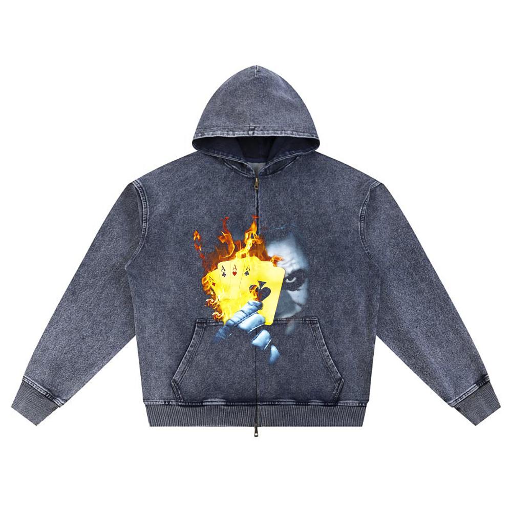 DTG Print Knitted Denim Zip-Up Hoodie Copy of JOKER 4 ASES Brother Print Zipper Hoodies