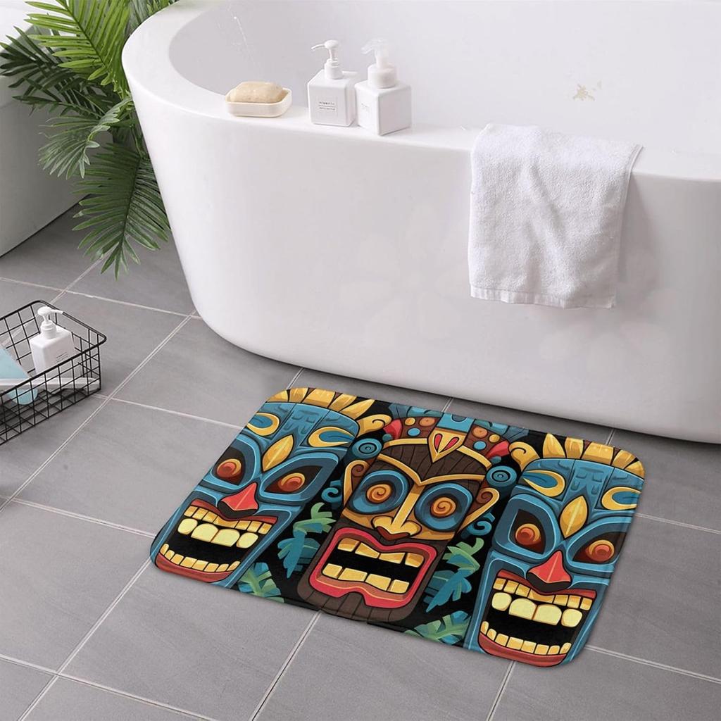 Colorful Tiki Mask Doormat Non Slip Absorbent Indoor Outdoor Entryway Rug Flannel Floor Mat for Bathroom Kitchen Decor