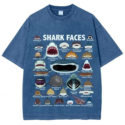 Vintage-style Men's and Women's T-shirts with Various Shark Prints High-quality Washed and Distressed Casual Short Sleeves