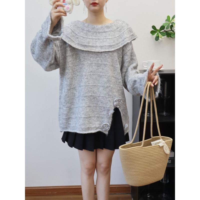 Lotus leaf collar three-dimensional flower butterfly design sense knitted sweater top autumn and winter new loose sweater pullover woman