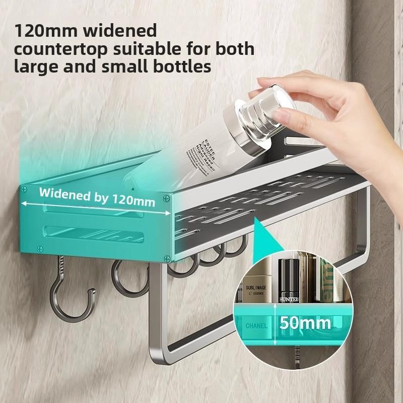 Space Aluminum Bathroom Wall Shelf With Hooks And Oxidized Finish For Toilet Storage