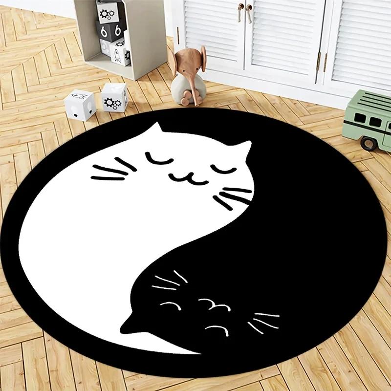 Black Cat and White Cat Couple Round Rug Cute Cartoon Kitten Circle Carpet Home Armchair Floor Mat Living Room Bedroom Decor Mat