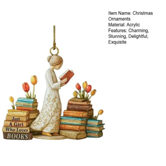 Just A Girl Who Loves Book Christmas Ornament 2D Flat Acrylic Reading Lovers Hanging