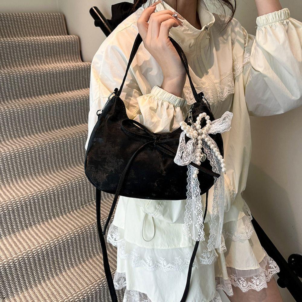 Lace Pearl Pendant Bow Shoulder Bag Large Capacity French Style Handbag PU Hobo Bag  Streetwear