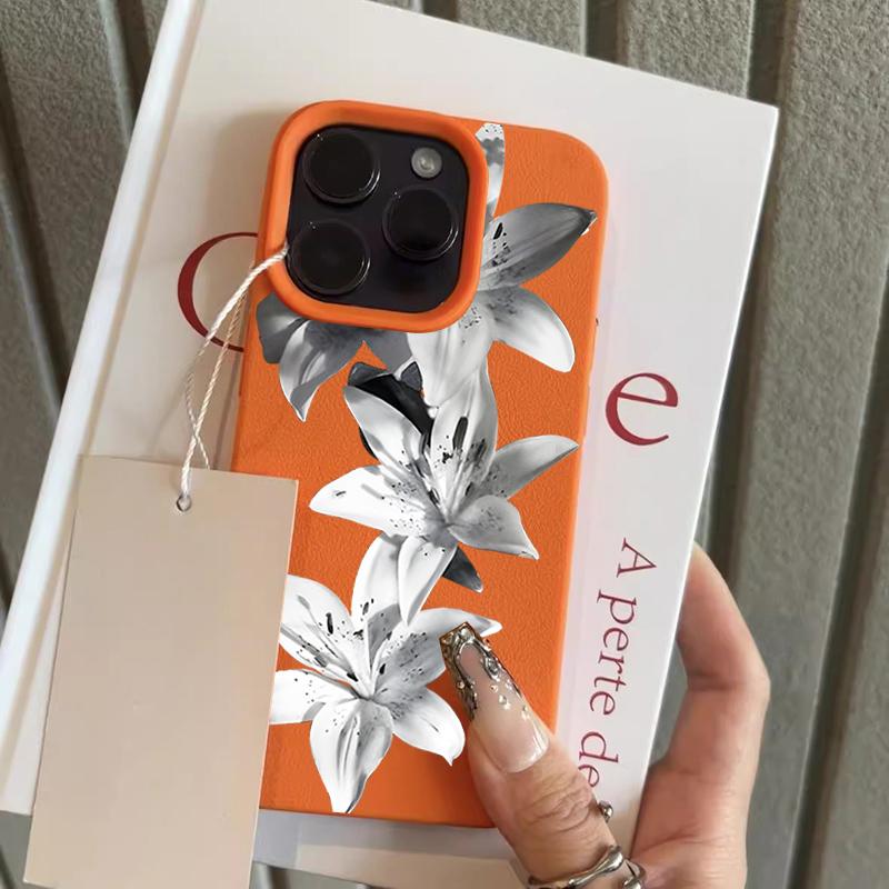 

White Lily Flower Pattern Lychee Texture Phone Case For iPhone 17 16 15 14 13 12 11 Pro Max 14 15 Plus 17Air Silicone Soft Cover iPhone 14 Pro Max
