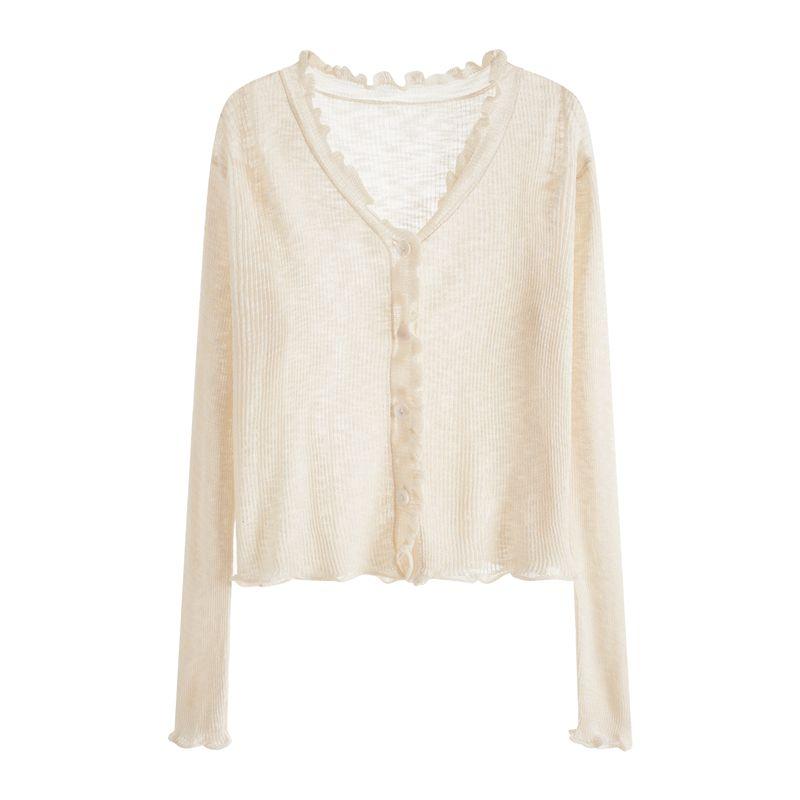 

Ice Silk Knitted Cardigan Women s Summer Thin Short Outdoor Wooden Ear Sun Protection Shirt for Air Conditioned Rooms Sling Dress Inverness Apricot color S