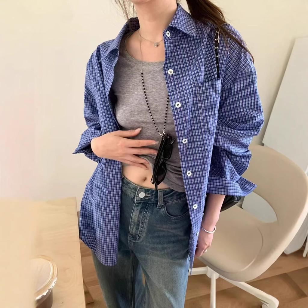 Loose Casual Plaid Blue Shirt Women's Spring and Autumn American Cardigan Jacket Summer Thin Sunscreen
