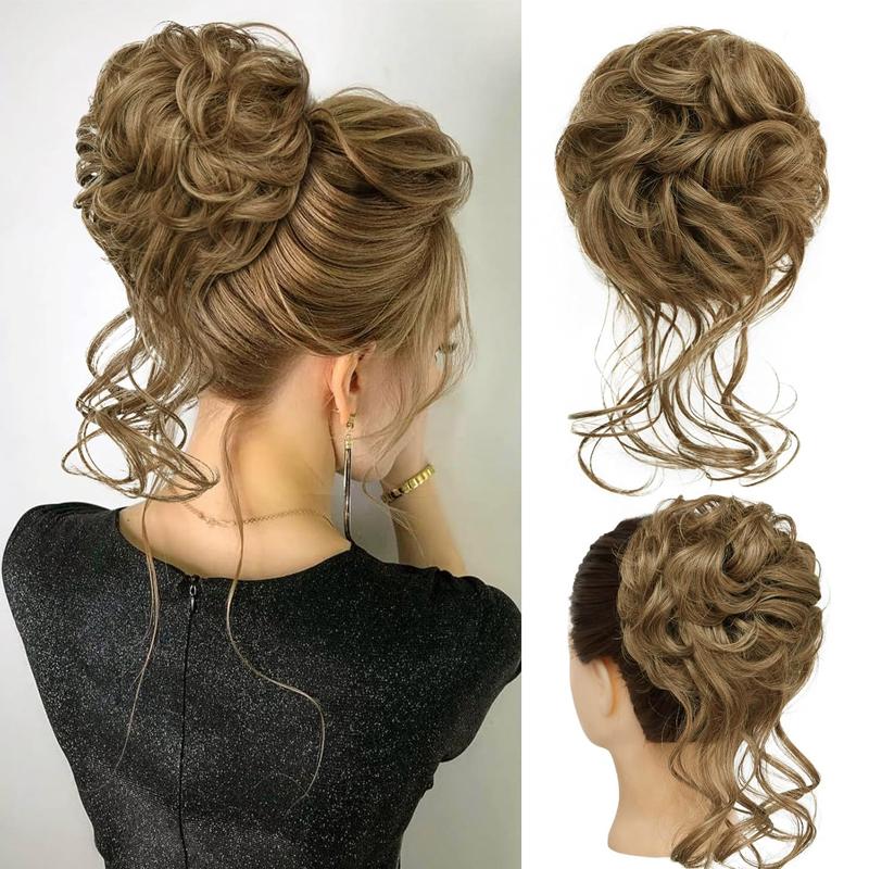 Unordentlicher Dutt Haarteil Wellig Lockig Synthetisch Hochsteckfrisur Chignon Fake Scrunchies Pferdeschwanzverlängerung für Damen Dunkelbraun