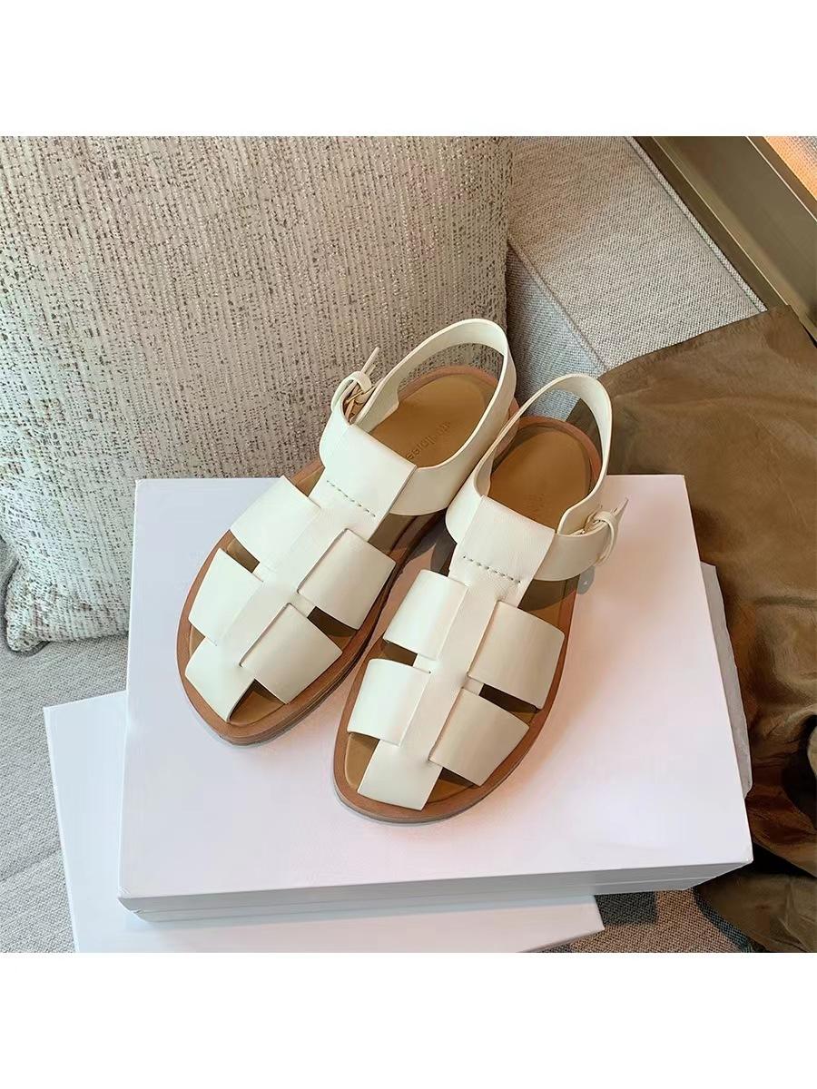 

Sheepskin version~ thick-soled woven sandals women s summer one-word buckle belt hollow breathable pig cage shoes flat Roman shoes 35