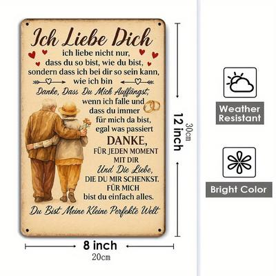 German Love Poem Metal Sign - 20x30cm "Ich Liebe Dich" Vintage Decor for Romantic Spaces