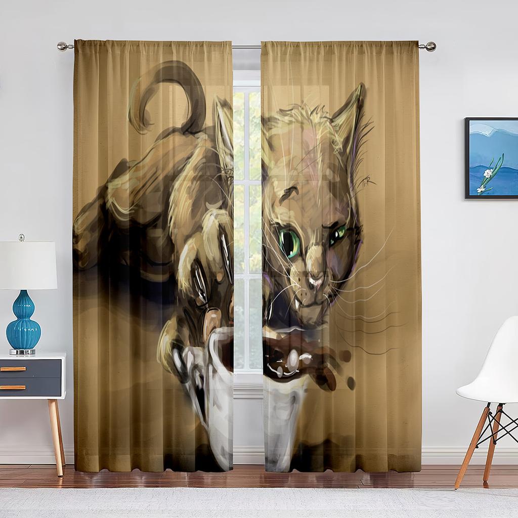 Niedliche Katzen Weltraum Kawaii Kätzchen Tüll Vorhänge für Schlafzimmer Flur Wohnzimmer Dekor Chiffon Sheer Voile Vorhang Küche Vorhänge
