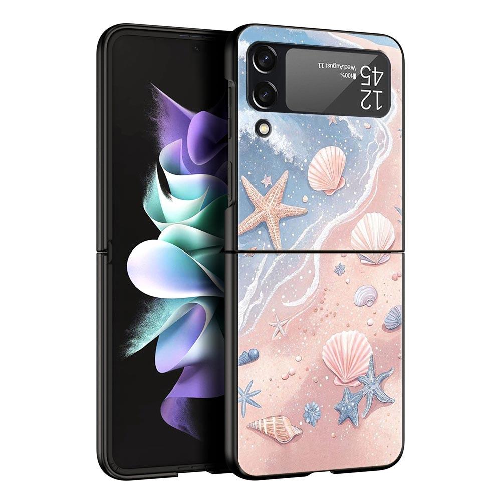 Ocean Coastal Seashell Seaweed Pattern Hard PC Phone Case For Samsung Galaxy Z Flip 7 6 5 4 Black Cover For Galaxy Z Flip3 Shell