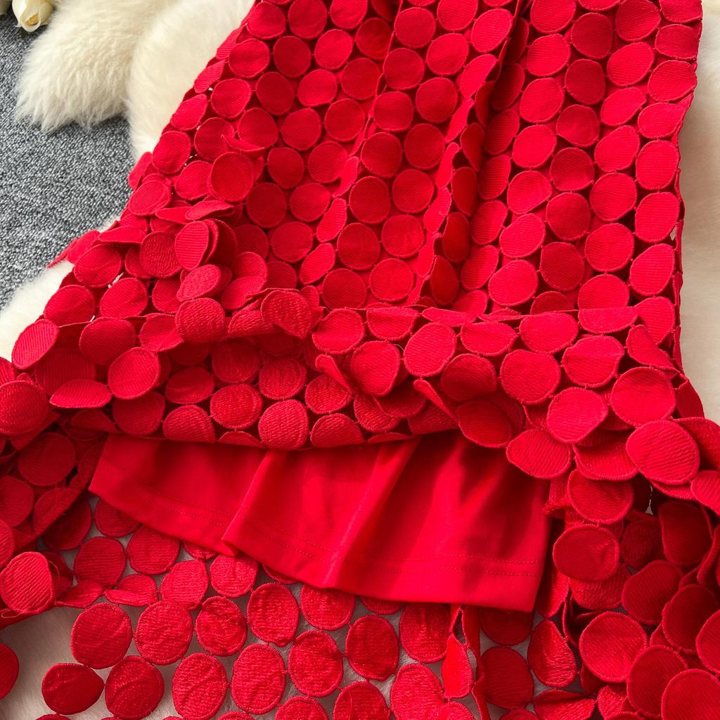 DIMANAF 2025 Neue Rock Frauen Stricken Spitze Lange Urlaub Solide Aushöhlen Sexy Dot Sommer Stil Lose Grundlegende Kleid