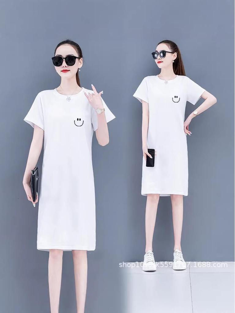 Korean-Style Plus Size Printed Casual T-Shirt Dress for Women - Mid-Length, Slimming, Loose Fit, Summer Wear