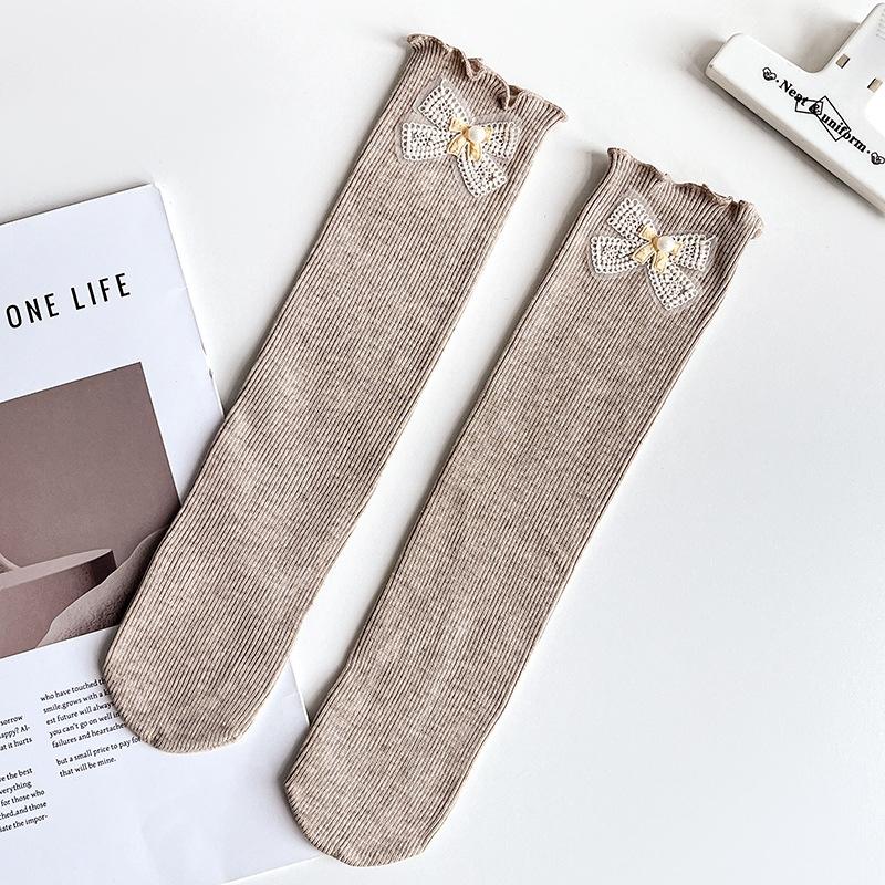 Children's Socks Girls' Solid Medium Long Socks Baby Cotton Comfortable Knee-high Socks With Bows And Lace Trim