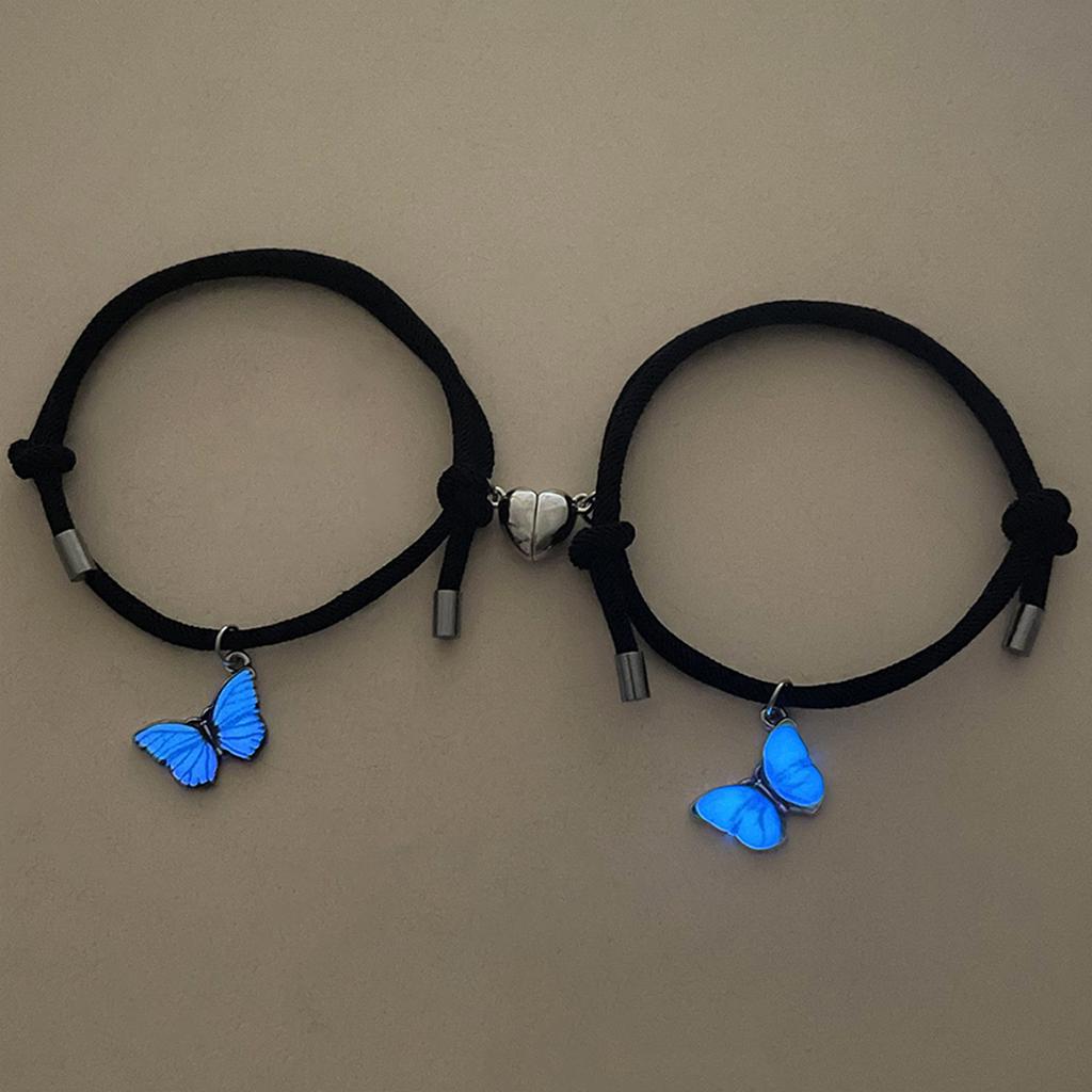 2 PCS/Set Butterfly Couples Pendant Luminous Bracelet For Women Lover Black Rope Charm Friendship Girlfriend Party Jewelry Gift