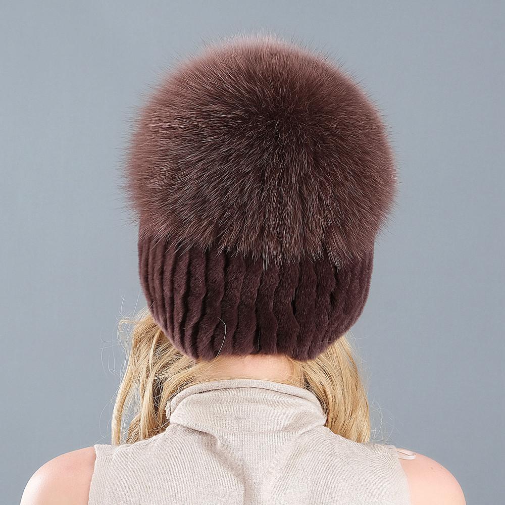 New Style Women Real Genuine Fox Fur Beanies Hat Girls Natural Real Rex Rabbit Fur Skullies Cap Knit Winter Real Fur Hats