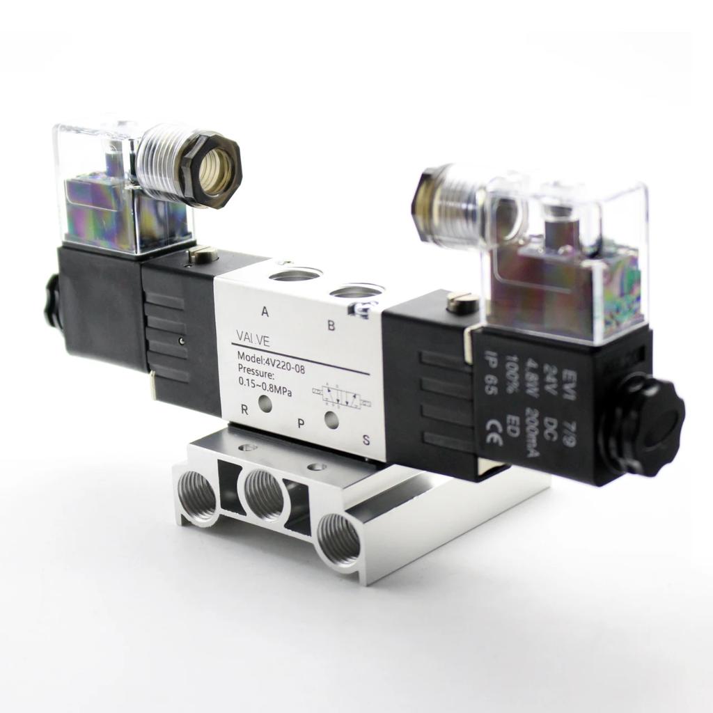 2 - 5 Row Pneumatic 5 Way Double Solenoid Valve Block 4V220-08 Plate With Fitting Manifold 12V DC 24V AC 110V 220V 5/2 24VDC