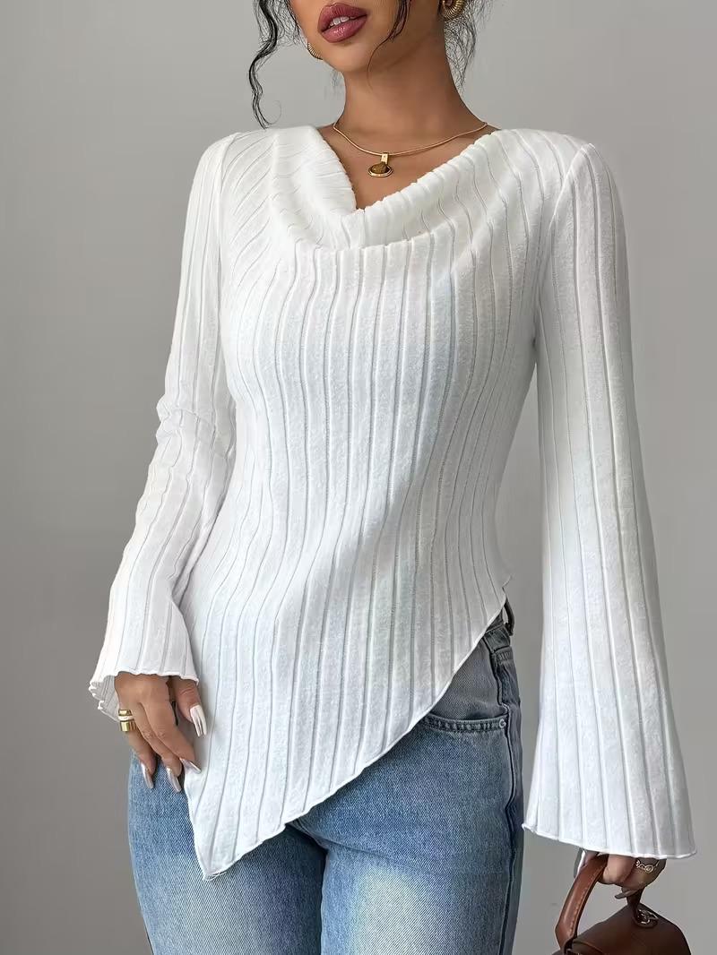 2025 Autumn/Winter Women s V-neck Long-Sleeve Solid Color T-shirt L белый
