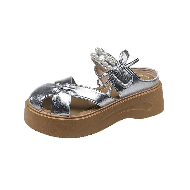 Thick-soled Muffin Cool Slippers for Women's Summer Wear New Fashionable Pearl Bow Heightening Comfortable Beach Sandals