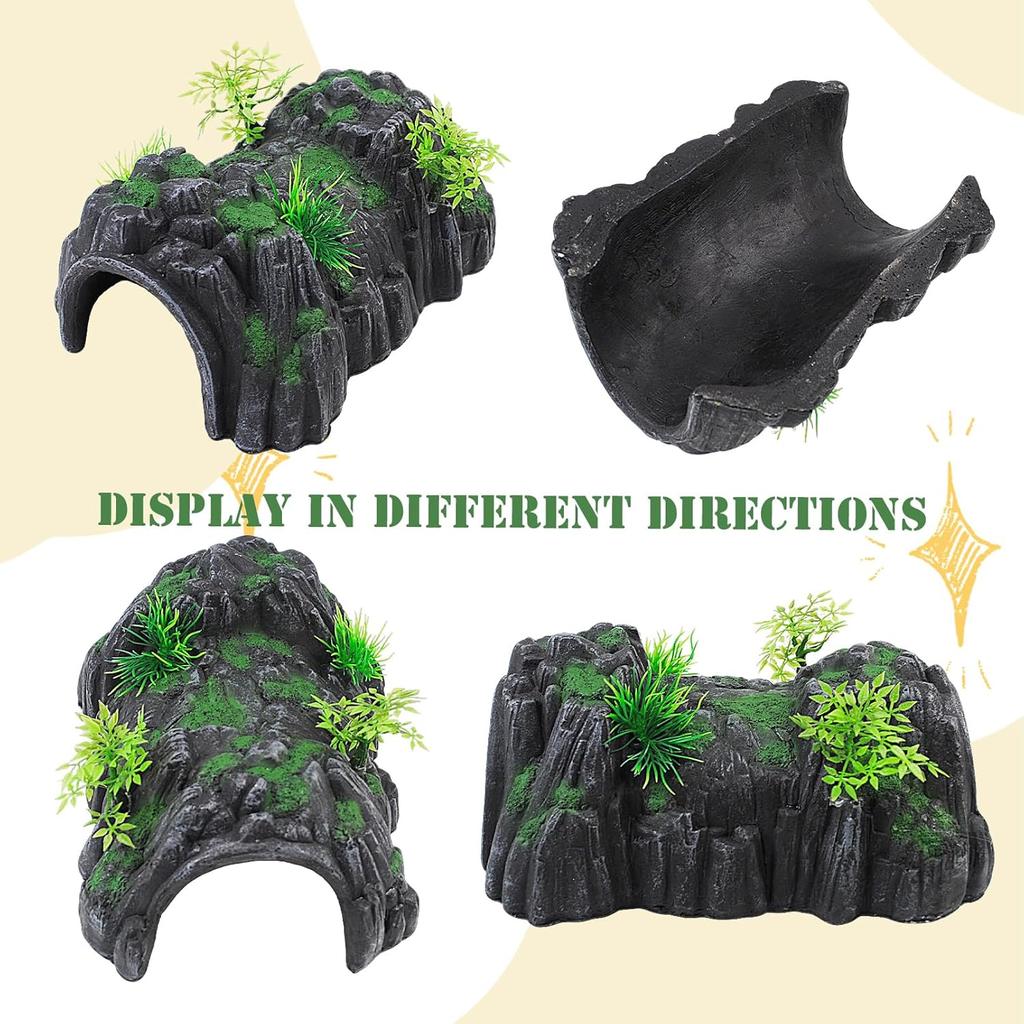 Fish Tank Hideout Cave Decor,Resin Rock Mountain Tunnel with Moss Plants Betta Cichlid Habitat Shelter for Aquarium Fish Tank Accessories 9.5 x 6 x 4