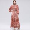 Women's Floral Pattern Printed Stand Collar Lantern Sleeve Holiday Dress Summer Autumn New Fashion Vintage Chiffon Long Maxi Dress