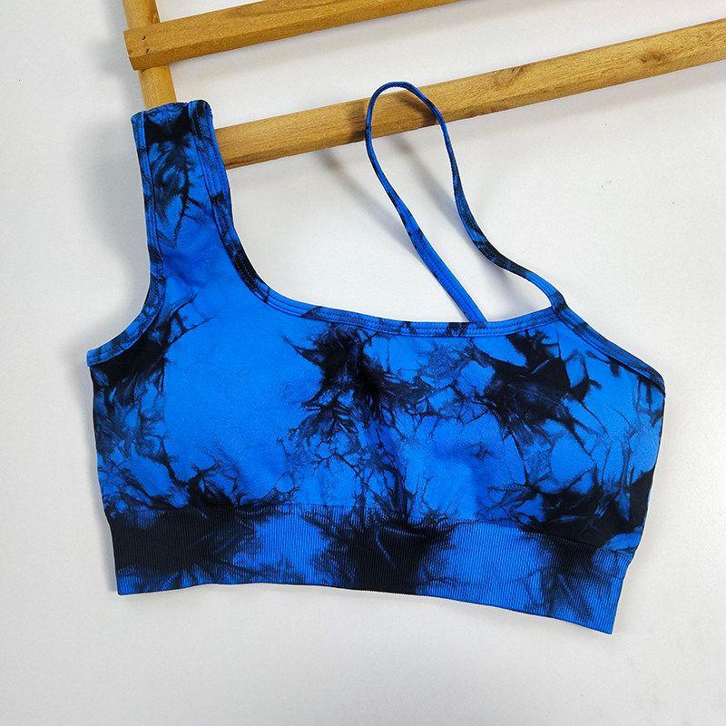 

Fashion Seamless Fitness Suit Women s Yoga Clothes High Waist Hip Lift Wait Lifting One-Shoulder Tie-Dye Sports Bra Running Shorts Electric Blue Bra S